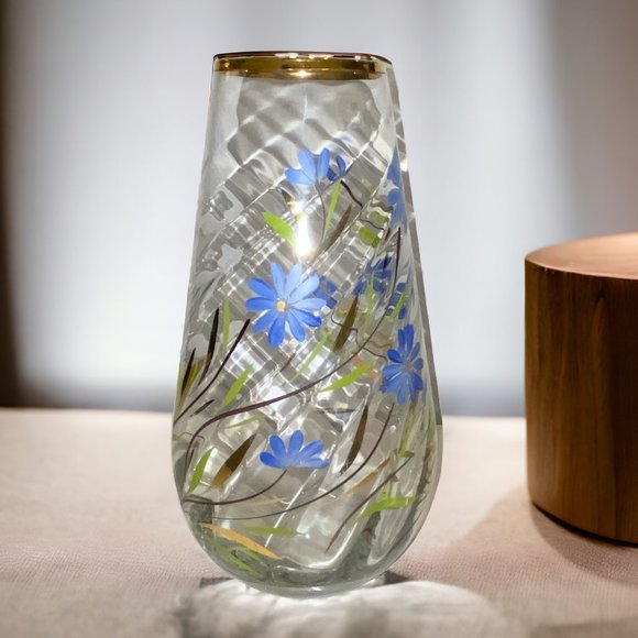 Tall Large Clear Glass Flower Vase Hand Painted Floral BLue Green Gold Signed - Picture 1 of 6
